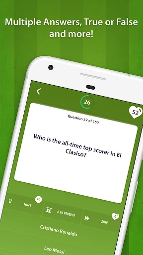 Football trivia question about El Clasico top scorer with multiple choice answers and navigation options for hints and skipping