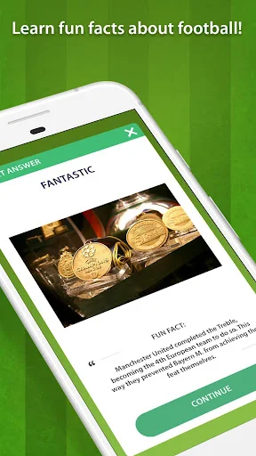 Football fact learning screen displaying Ballon d'Or trophy image with fun facts and Continue button for educational content