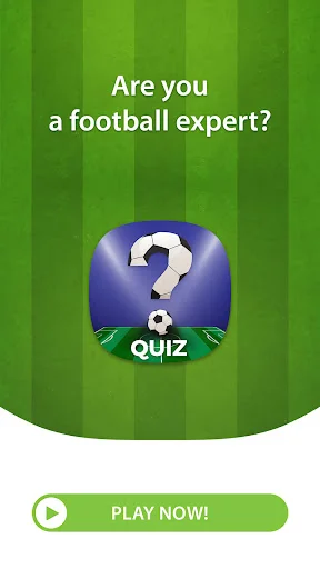 Football Quiz app splash screen with question mark icon, challenge prompt, and Play Now button on green background