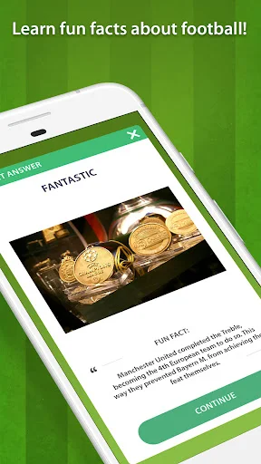 Quiz result screen showing Ballon D'Or trophy with fun facts about football and continue button