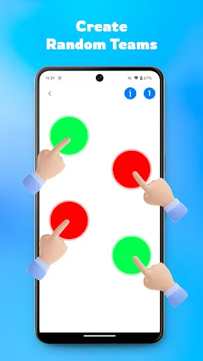 Team randomizer interface with red and green circles for splitting groups randomly in entertainment app