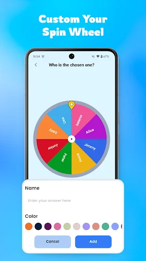 Custom Your Spin Wheel interface with colorful 8-segment wheel and name/color customization options below