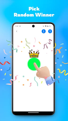 Pick Random Winner celebration screen with crown icon, green winner circle, and festive confetti animation background