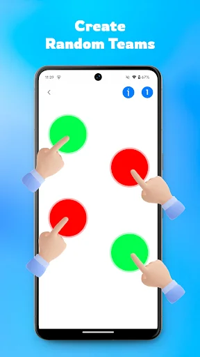 Create Random Teams mode displaying green and red team circles with finger selection for random group assignment