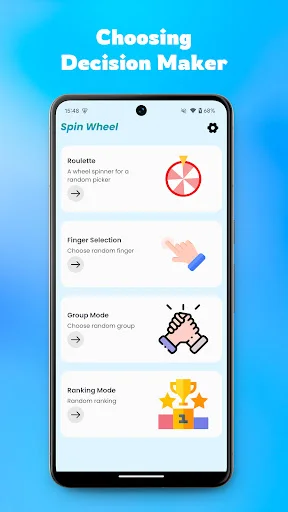 Decision maker app menu displaying Roulette wheel, Finger Selection, Group Mode, and Ranking Mode entertainment options