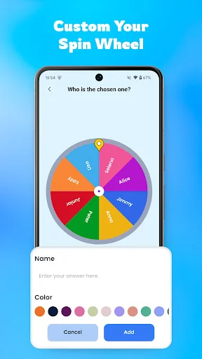 Interactive spin wheel customization with multi-colored segments, text input, and color selection for personalized choices