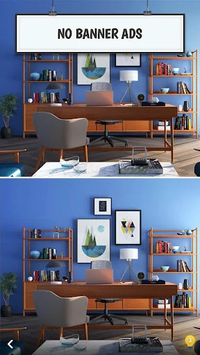 Find the Difference gameplay showing office scene with no banner ads feature in Find the Difference: Spot it puzzle game