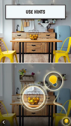 Find the Difference game with hint feature active. Office scene puzzle showing circular highlight indicators pointing to specific differences between top and bottom comparison images.