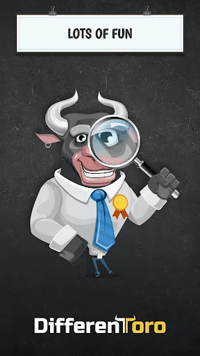 Find the Difference: Spot it mascot DifferentToro - cartoon bull character holding magnifying glass with detective gear, representing fun and entertaining puzzle gameplay.