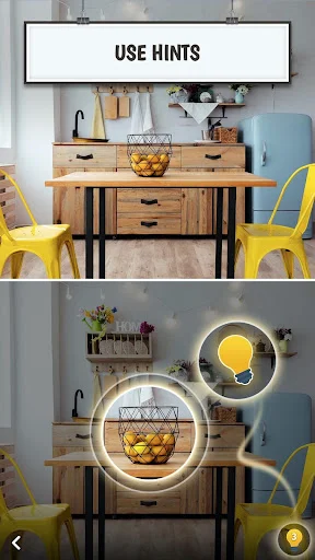 Find the Difference kitchen scene with hint feature showing glowing circles highlighting differences between two similar images