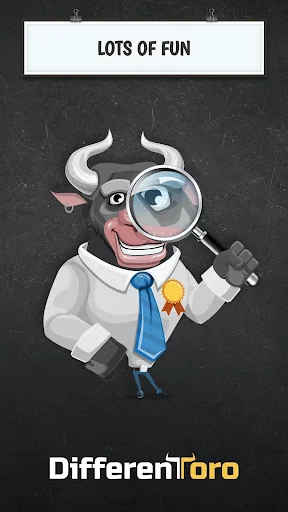 Cartoon DifferenToro mascot character holding magnifying glass promoting lots of fun in Find the Difference puzzle game