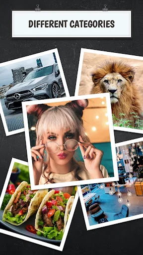 Find the Difference game categories displayed as overlapping photo cards featuring cars, animals, people, food, salads, camel, indoor scenes, and various puzzle themes.