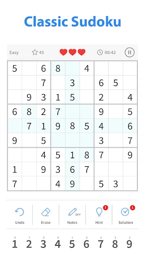 Classic Sudoku puzzle game board showing partially filled grid with difficulty level, lives counter, timer, and number pad with action buttons for gameplay