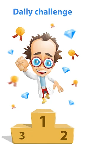 Daily challenge screen with cartoon mascot character surrounded by decorative elements and podium leaderboard showing competition rankings and rewards