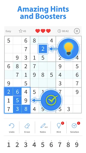 Sudoku puzzle board with hint and booster tool overlays including lightbulb and checkmark icons to assist logical puzzle solving and progression