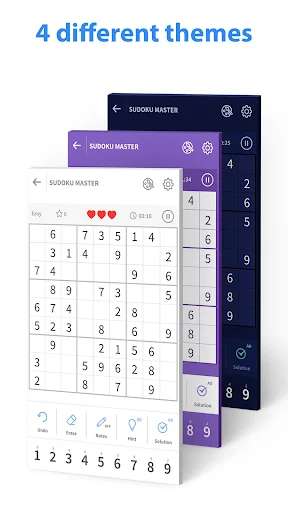 Multiple sudoku game board themes displayed side by side showing different visual styles including dark, purple, and light interface design options