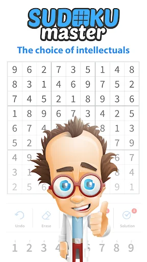 Sudoku Master app branding with mascot character, logo, tagline 'The choice of intellectuals,' and background sudoku grids promoting classic logic puzzle game
