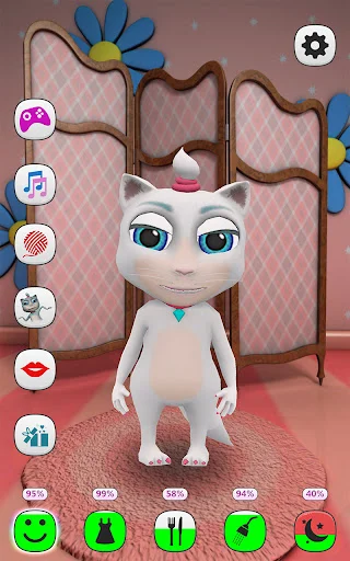 My Talking Kitty Cat home screen featuring animated white kitten with blue eyes, interactive side menu icons for games and activities, and emotion action buttons