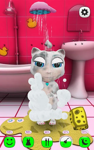 Cat care gameplay showing white kitten bathing in pink bathroom with bubbles, shower, bathtub and rubber duck for interactive pet care simulation