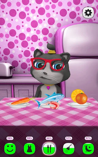 Dark cat character wearing red heart glasses sitting at dining table with colorful food items in bedroom scene for pet care gameplay