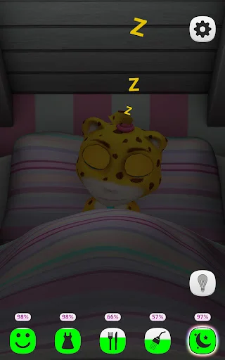 Sleeping cat mini-game showing spotted feline resting in striped bed with Z symbols indicating sleep animation in casual pet simulation