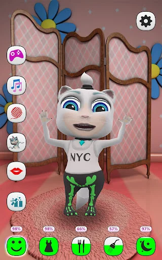 Talking Kitty Cat character wearing NYC graphic shirt with green pants in happy celebration pose for interactive pet engagement gameplay