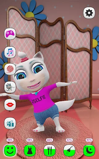 Adorable cat character in pink SELFIE shirt taking playful selfie pose for interactive pet photography and interaction feature