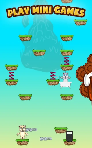 Play Mini Games level selection screen with multiple basket icons and cute cat characters on bright blue background gradient