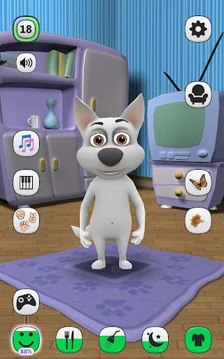 Virtual pet white dog in colorful home room with interactive activity buttons for play, feed, and care games