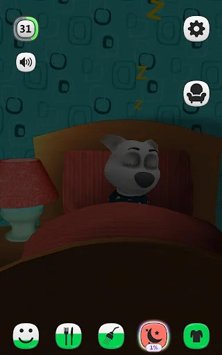 Cute talking dog sleeping on red couch in bedroom - virtual pet rest and energy recovery gameplay