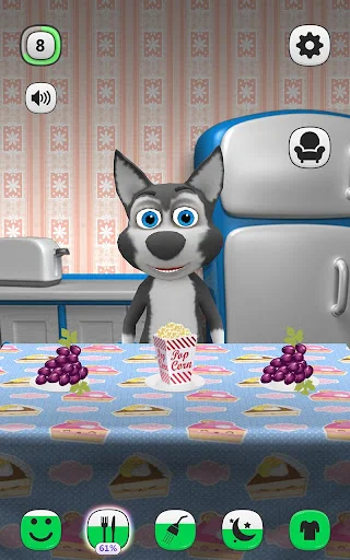 Wolf character sitting at dining table with food items - virtual pet feeding and meal interaction activity