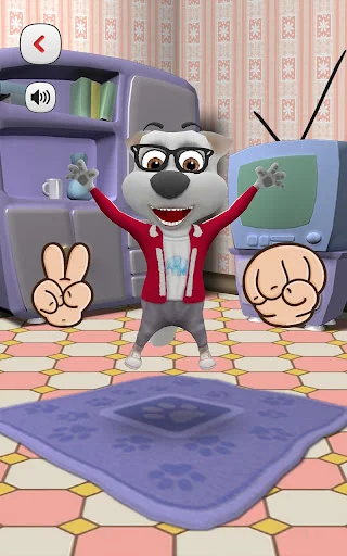 Happy cartoon dog wearing red jacket with arms raised celebrating - interactive pet personality and emotions