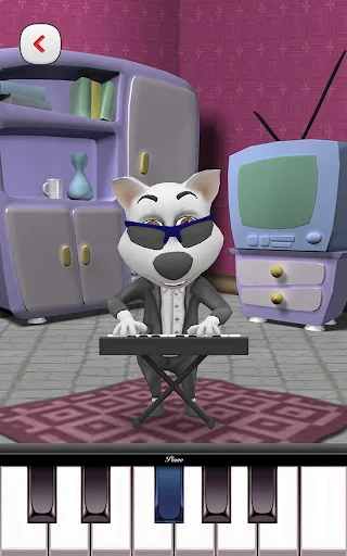 Talking dog character sitting at piano keyboard - virtual pet music mini-game and entertainment feature