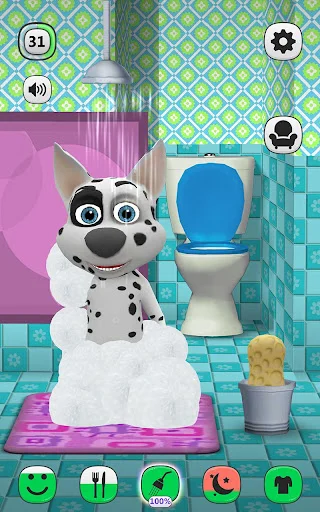 Dalmatian dog in bathroom with toilet fixture - virtual pet hygiene care and bathroom gameplay interaction