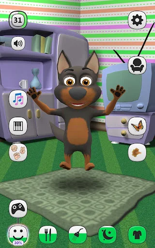 Brown dog character dancing happily with raised arms - virtual pet play animation and interactive entertainment