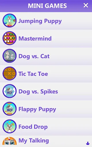 Mini games menu screen listing puzzle and casual games including Jumping Puppy, Mastermind, and Tic Tac Toe