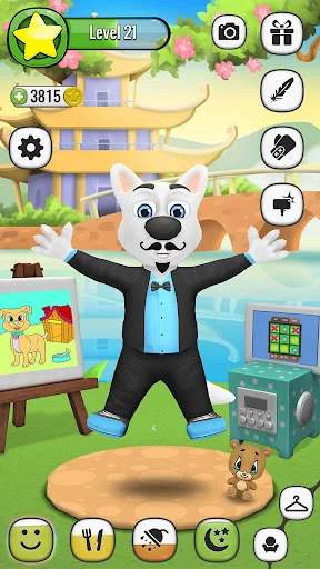 My Talking Dog 2 Level 21: Charlie the white dog in black suit stands in front of house. Coin counter 3815, interactive action buttons for gameplay and pet care.