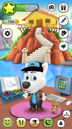 My Talking Dog 2 Level 17: White dog wearing blue hat stands on pink platform before treehouse. Coin counter 2996, music and interactive elements visible.