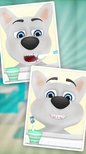 My Talking Dog 2 character expressions: Split-screen close-ups of white dog showing surprised and happy faces with different emotions and animations.