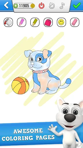My Talking Dog 2 coloring pages game: Blue and white puppy character with ball ready for interactive coloring. 11905 coins, color palette selector at top.