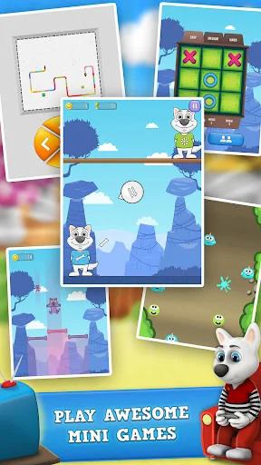 My Talking Dog 2 mini games: Layered screenshots showcasing puzzle games, platformers, and interactive activities. Play awesome mini games feature displayed.