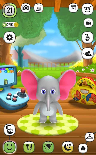 Gray cartoon elephant Elly in outdoor home with colorful toy stations, care buttons and emotion action icons at bottom