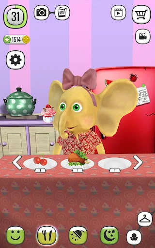 Yellow cartoon elephant with pink bow at kitchen dining area selecting from colorful food dishes to feed pet