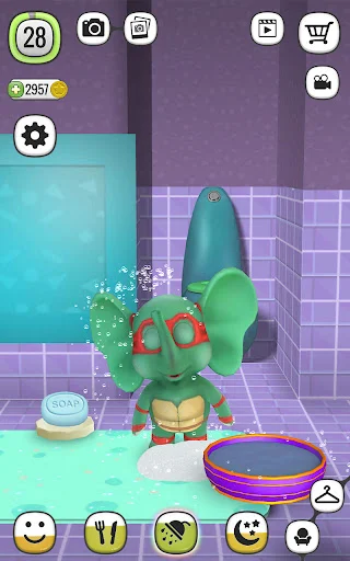 Green character bathing in purple tiled bathroom with splashing water and colorful bath play toys nearby