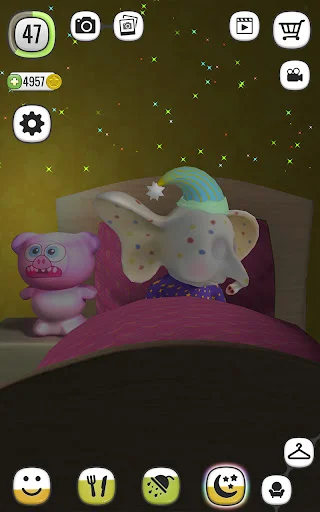 Gray elephant sleeping in bed with pink teddy bear companion in nighttime bedroom scene with stars