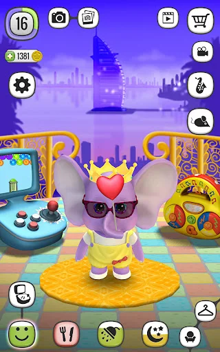 Purple elephant wearing sunglasses with heart icon in vibrant urban city landscape with tall buildings