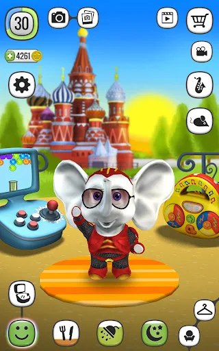 White elephant in red outfit and sunglasses standing at ornate castle landmark in outdoor environment