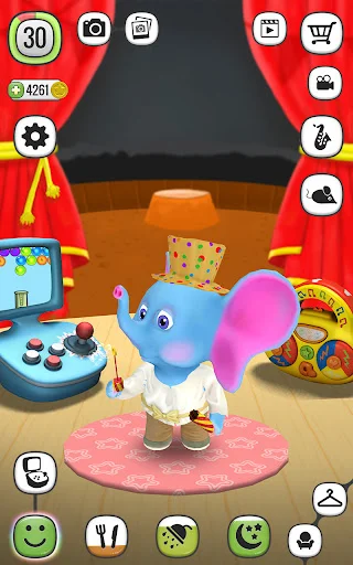 Blue and pink elephant character on red theatrical stage with decorative elements and performance setting