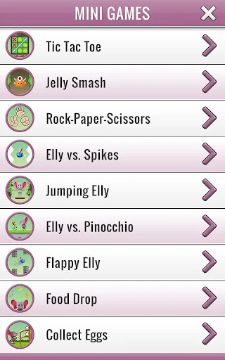 Mini Games menu displaying nine interactive games including Tic Tac Toe, Jelly Smash, Jumping Elly and more