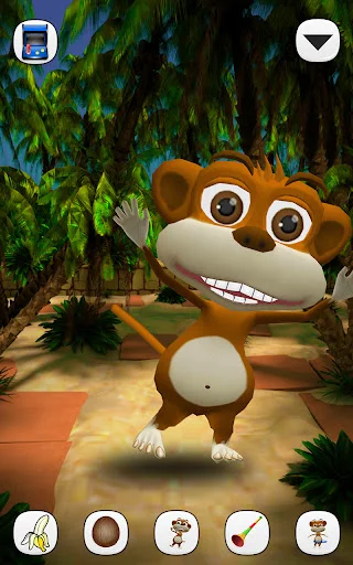 Cartoon brown monkey character in vibrant jungle setting with action buttons for tickling, feeding bananas, and interactive playful animations